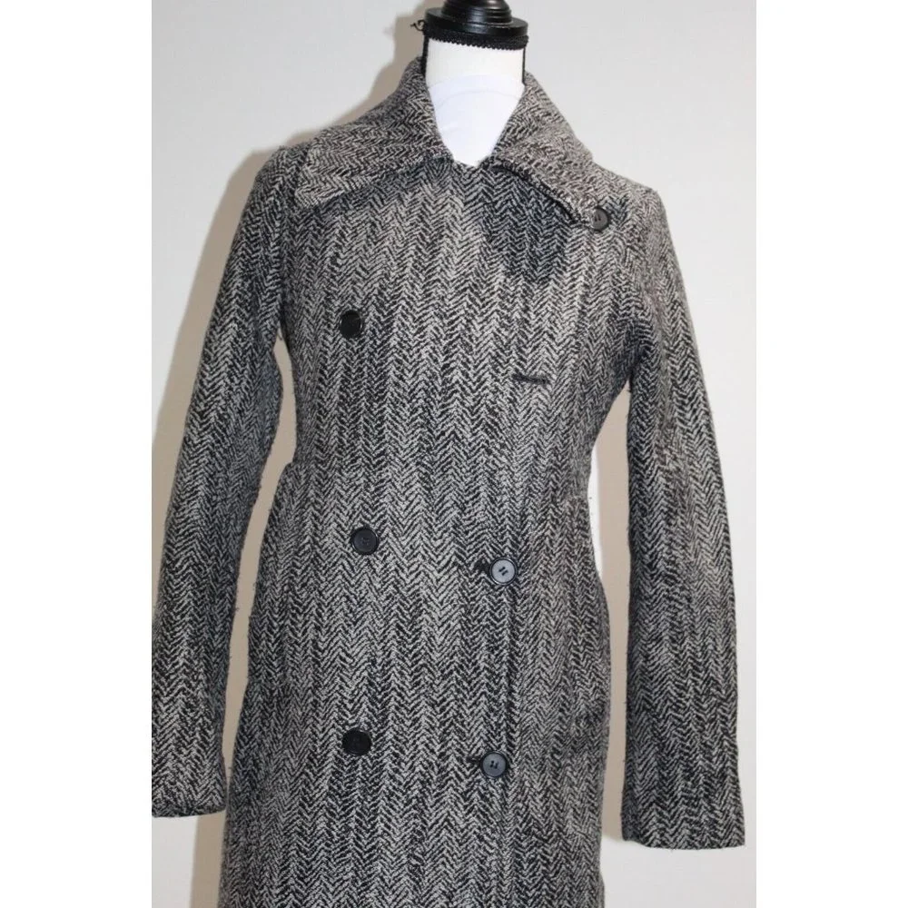 All Saints Aren Coat Size 4 Wool Hepburn Steampunk Modern Minimalist Herringbone - Picture 7 of 11